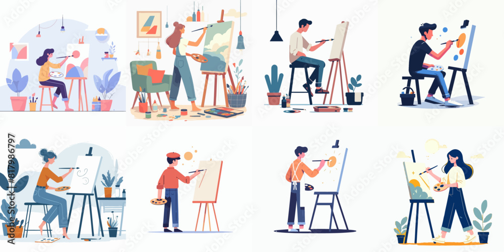 illustration set of people painting using watercolor brushes on canvas. flat vector illustration