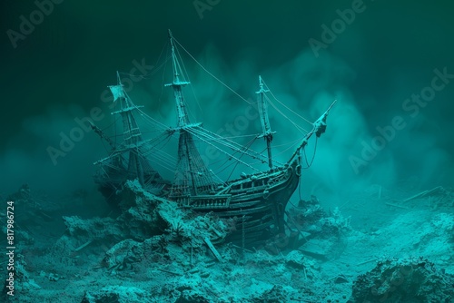 A shipwreck is shown in a deep blue ocean with smoke rising from the water.