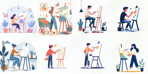 illustration set of people painting using watercolor brushes on canvas. flat vector illustration