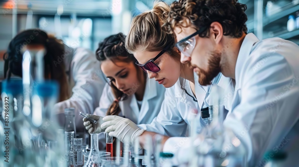 Obraz premium Scientists and researchers working on a biotechnology project, detailed and focused