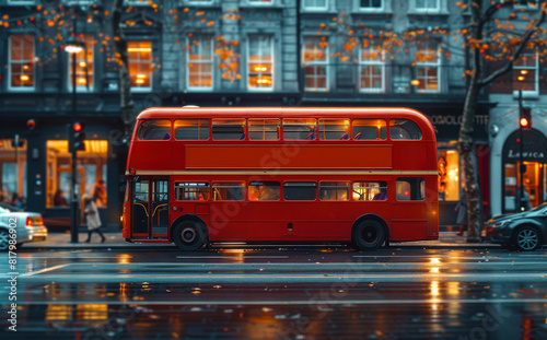 Red double-decker bus on rainy night in London