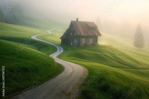 A photo of an old Swiss chalet in the middle of green, grassy fields, with a curved road leading to it on a foggy morning, in the color photography