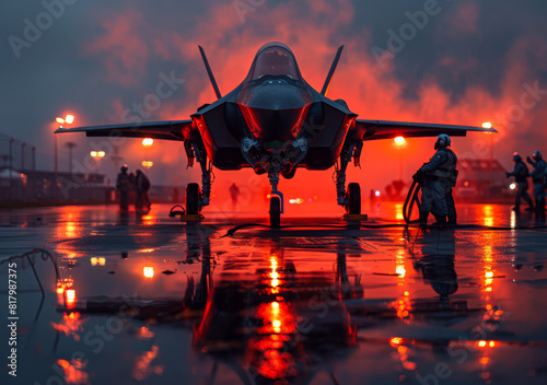 Military fighter jet parked on aircraft carrier in the rain photo