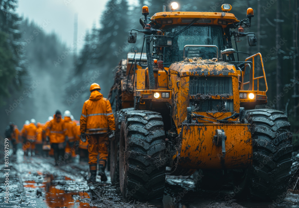 Large yellow bulldozer is driving down muddy road with group of people in orange jumpsuits following behind. Large yellow bulldozer is driving down muddy road with group of people in orange jumpsuits following behind.