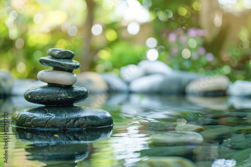 Zen Stones and Water in Peaceful Green Garden - Relaxation and Wellness Concept