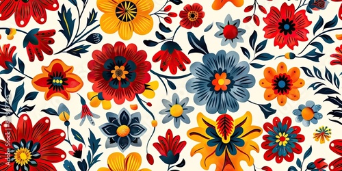 Fusion of Cultures_ Seamless Folk Pattern - Polish and Mexican Influence - Trendy Ethnic Decorative Flowers - Perfect for Various Designs - This vector illustration showcases a seamless folk pattern m