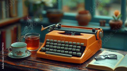 A high-angle view of a vintage typewriter in a cozy study, with a cup of steaming tea, an open book, and a pair of reading glasses nearby, creating a warm and inviting writing sanc photo