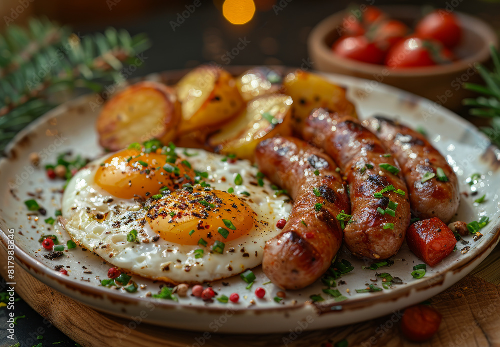 Fried eggs sausages and potatoes on plate