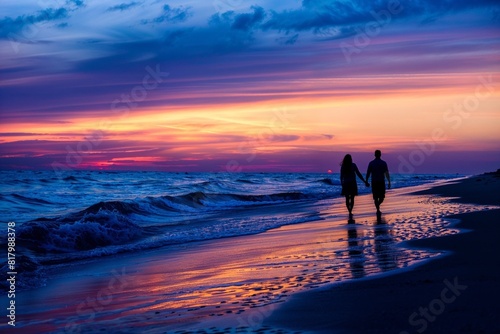 Romantic Sunset Beach Walk with Silhouette of Couple © Magnolia Creative