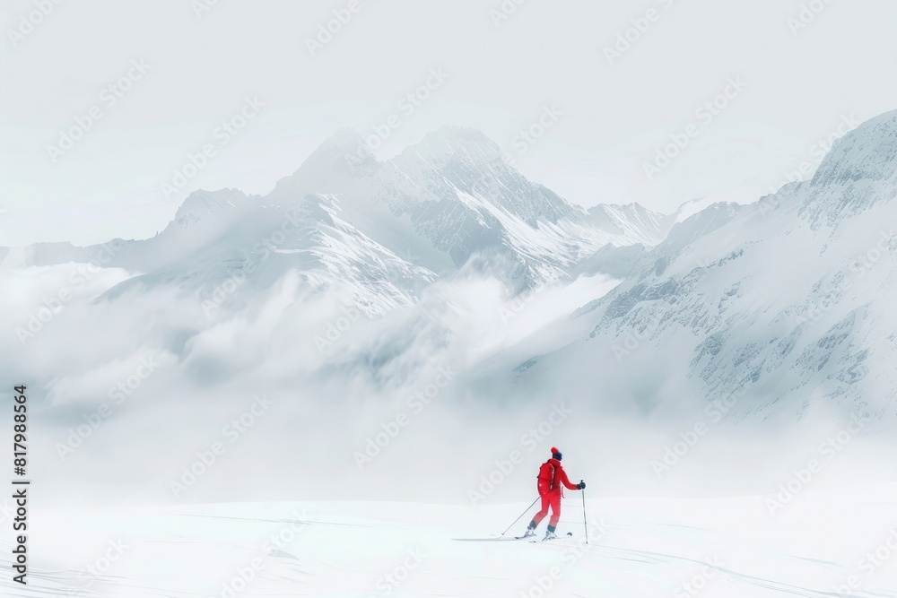 A skier in red walks on the snow, surrounded by fog and misty snowy mountains. The background is white with some foggy peaks. In an illustration style, there was a sense of loneliness and panorama.