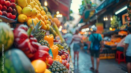 Tourists exploring a bustling market, shopping for local goods and experiencing the vibrant atmosphere. Perfect for travel, culture, and shopping content.