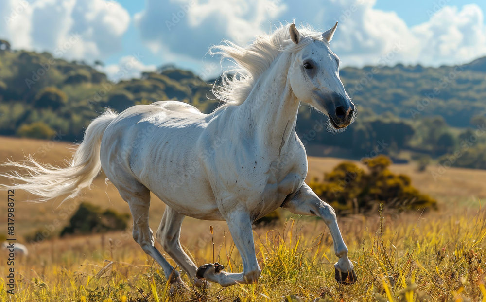White horse runs gallop on the field in autumn White horse runs gallop on the field in autumn
