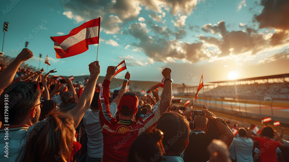 Passionate fans cheering and waving at motorsport event. Passionate fans cheering and waving at motorsport event.