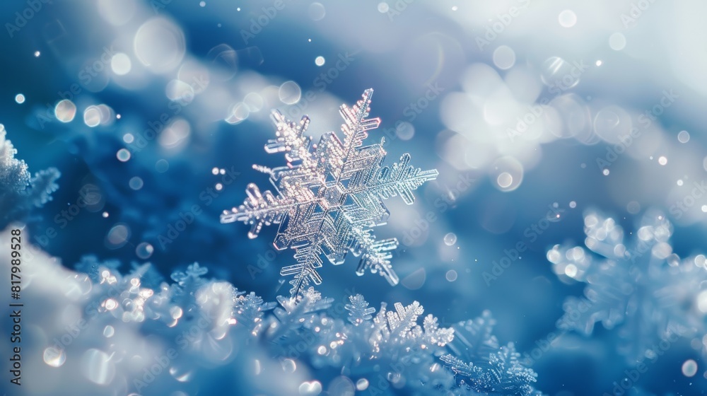Exquisite close-up of a delicate snowflake, perfectly formed and shimmering against a softly blurred blue background Exquisite close-up of a delicate snowflake, perfectly formed and shimmering against a softly blurred blue background