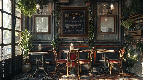 A Parisian-inspired bistro corner, with wrought iron caf?(C) chairs, a quaint bistro table, and a chalkboard menu for charming dining. photo