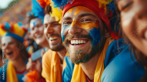 Enthusiastic Fans in Team Colors at Rugby Match: Spectators with Face Paint Merchandise Cheering Passionately Ideal for Sports Team Spirit Content