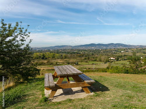 Fototapeta Naklejka Na Ścianę i Meble -  Picnic area in Montagny looking west over the heathlands and Mornant village, France