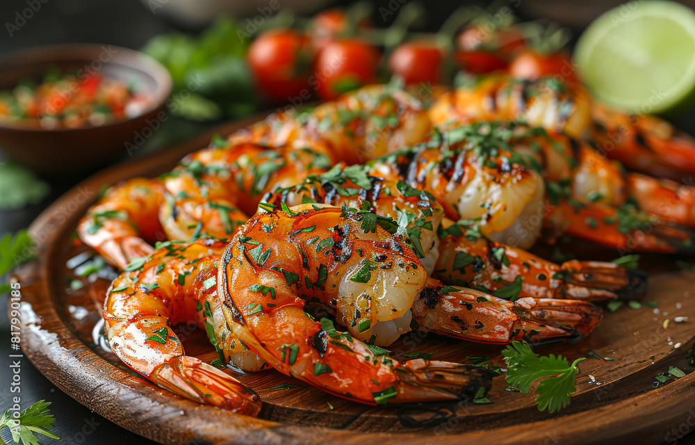 Grilled shrimps served with fresh herbs and lemon on wooden plate Grilled shrimps served with fresh herbs and lemon on wooden plate