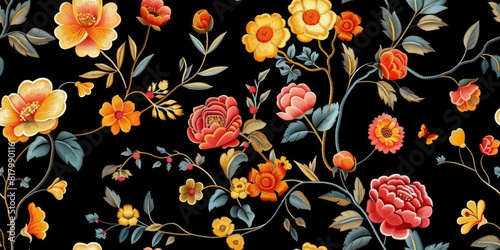  Timeless Floral Elegance_ Vintage Embroidery Pattern - Marigold, Rose, Peony Flowers - Perfect for Fabric Designs - This vector illustration showcases a vintage floral embroidery seamless pattern fea photo