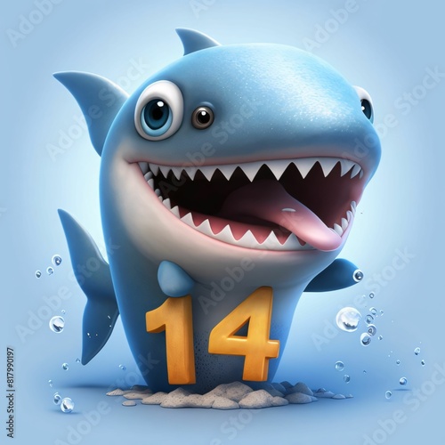 Cartoon shark with number 14 on the sand - 3D Illustration