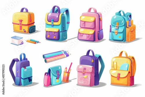 colorful school backpack with lunchbox and supplies educational cartoon set