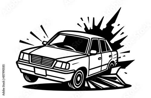 A bold black and white comic-style illustration of a car crash. The car is depicted in dynamic motion with impact lines emphasizing the collision. Perfect for graphic novels, comics,