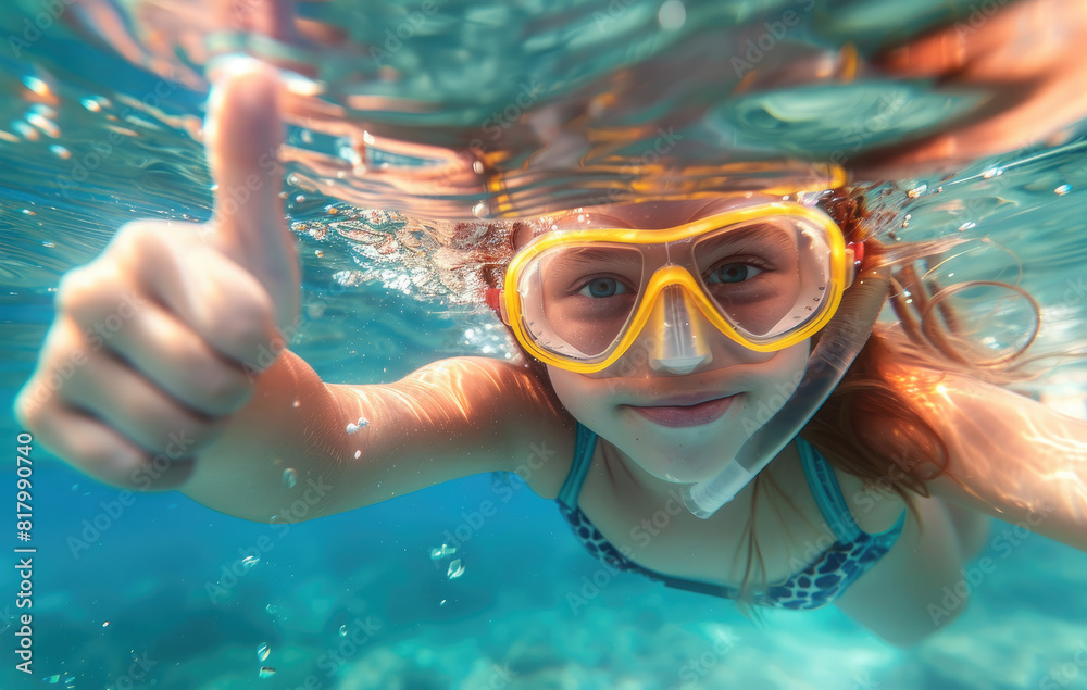 a girl wearing goggles and swimming in the water with her hand up giving a thumbs up, a happy expression on her face
