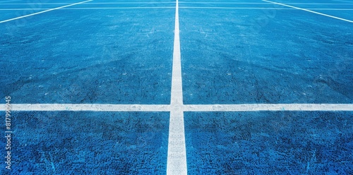 Abstract blue tennis court background with white lines. The texture of the asphalt, paint and concrete floor