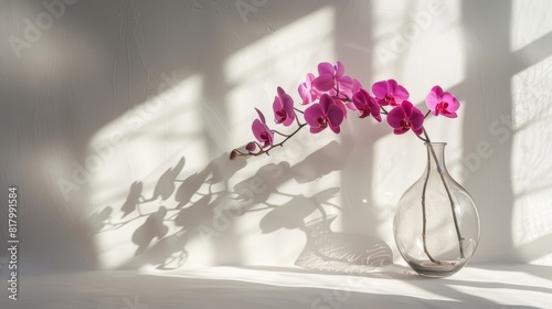 Soft morning light filters through sheer curtains casting shadows on elegant pink orchids in a serene setting