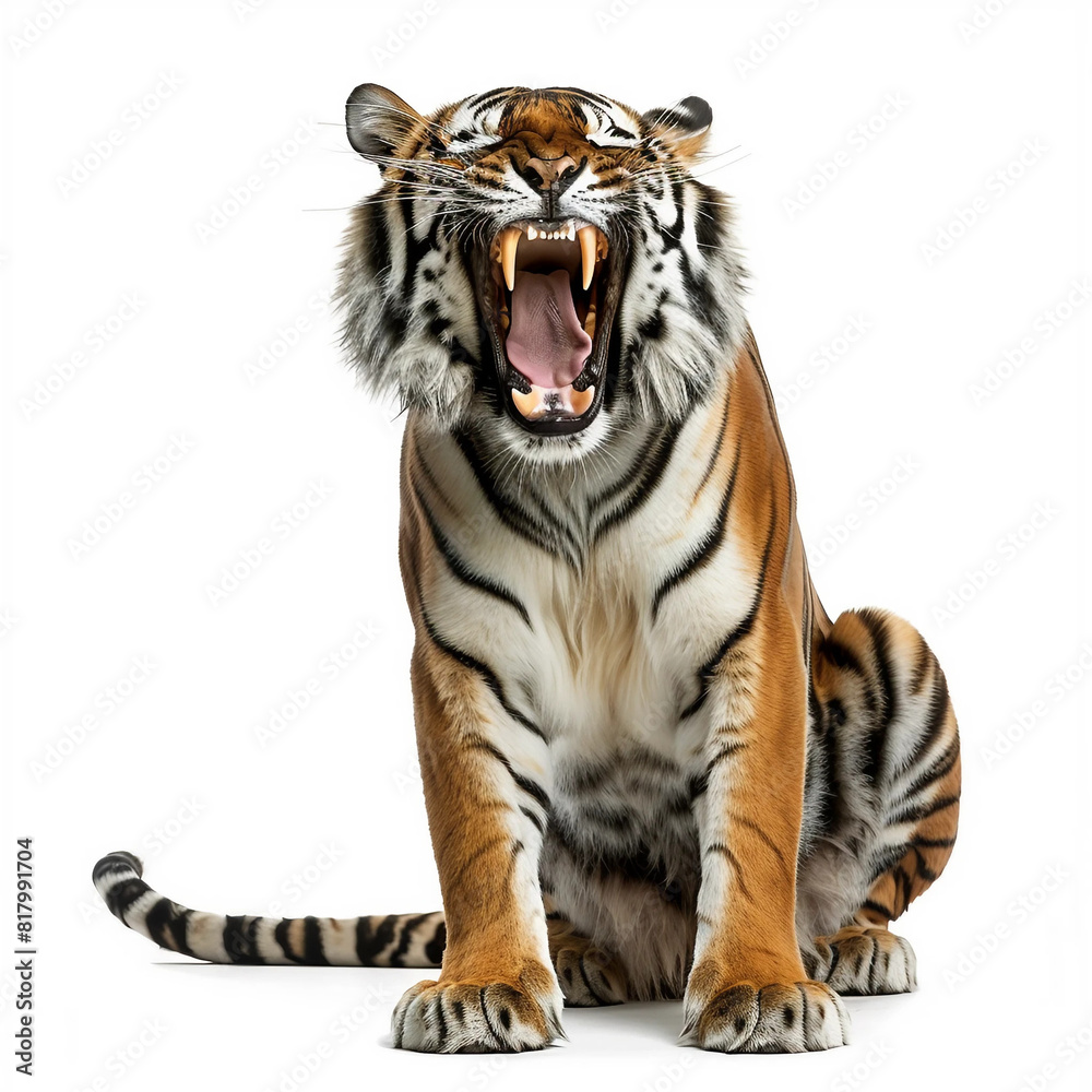 Fototapeta premium A tiger roaring isolated on white background