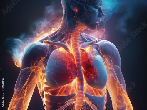 Human immune system fight burning infections in lungs, a vivid and visceral image of the battle raging within body. Respiratory disease pandemic with fewer, inflammaging, pathogens, tuberculosis.