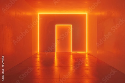 Abstract empty room with door and neon light  minimalistic interior design concept