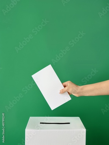 Hand Placing Ballot Paper into Ballot Box on Green Background