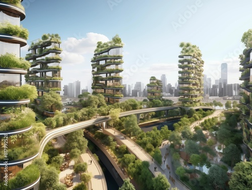 People Enjoy a Sunny Day in a Futuristic Green City