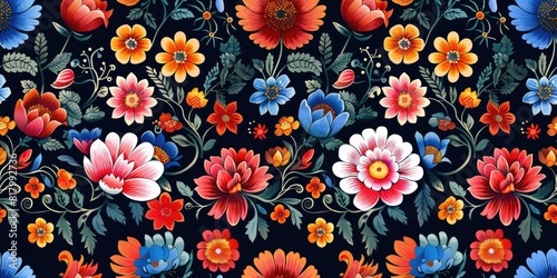Vibrant Mexican Floral Tapestry - Enhanced with Ethnic Embroidery - Perfect for Festive Designs - This vector illustration showcases a Mexican flower traditional pattern background
