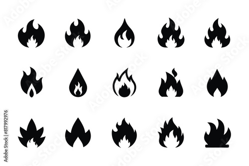 Set of fire flat line icons  flames  flame of various shapes  bonfire vector illustration Silhouette Design with white Background and Vector Illustration
