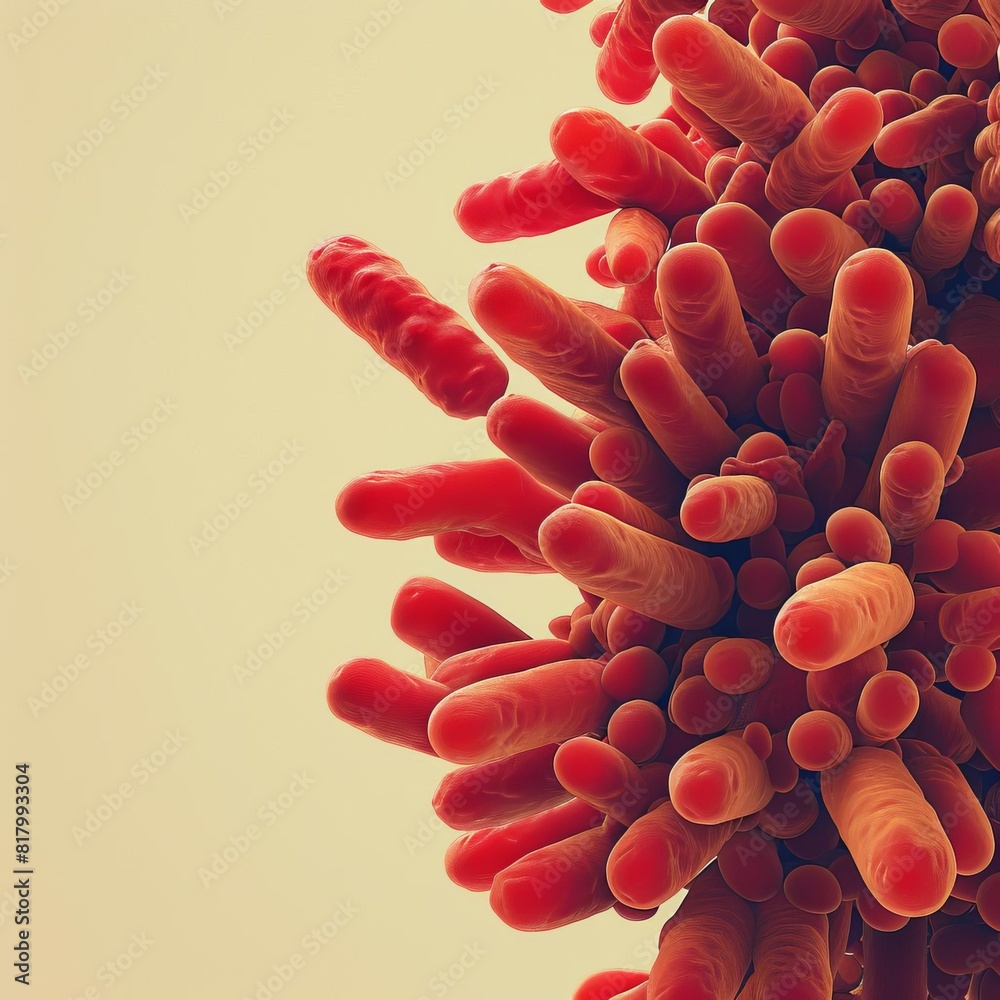 Fototapeta premium An illustrative depiction of bacteria, rendered in red and shaped like rods, clustered against a soft yellow background