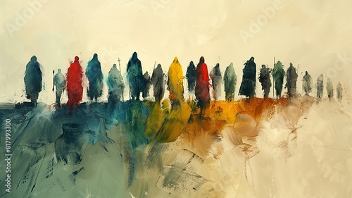 A minimalist illustration featuring Jesus and the 12 disciples, depicted with simple and clean lines to highlight the unity and diversity among the figures