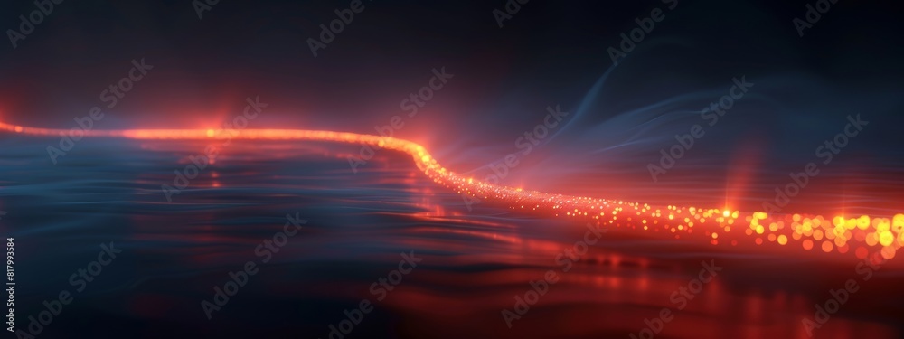 A minimalist composition featuring a single glowing fiber optic cable snaking across a dark background. A minimalist composition featuring a single glowing fiber optic cable snaking across a dark background.