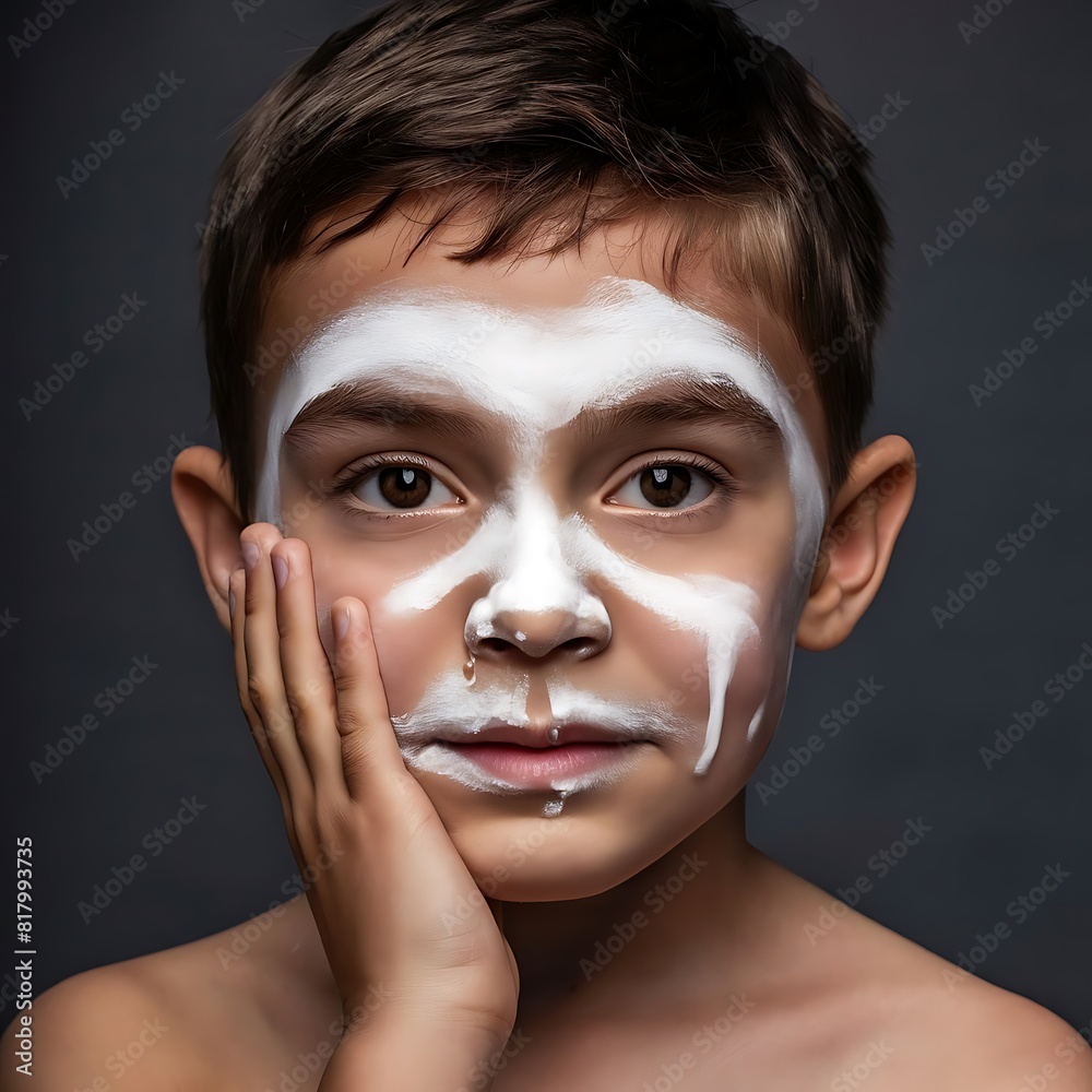 Boy with sunscreen lotion on face. Young boy si protected from sun with sunscreen. Concept of beach summer vacation with kids