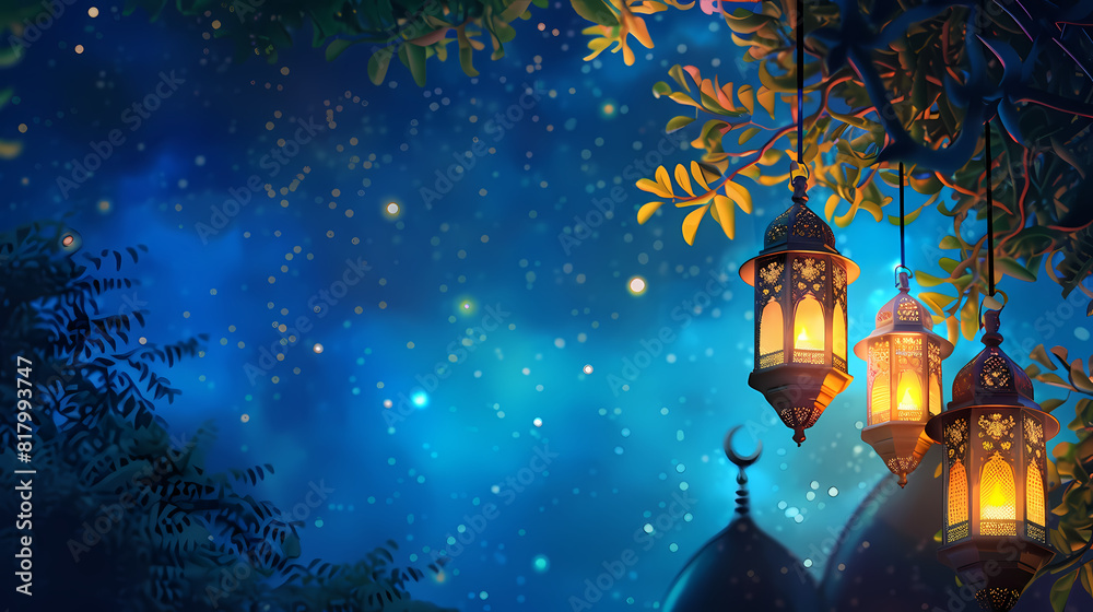 Eid al fitr poster template with a lantern background at nigh