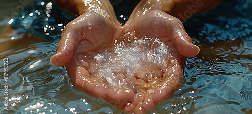  A zoomed-in image of a human's fingers submerged in water, producing foamy effervescence from their palms