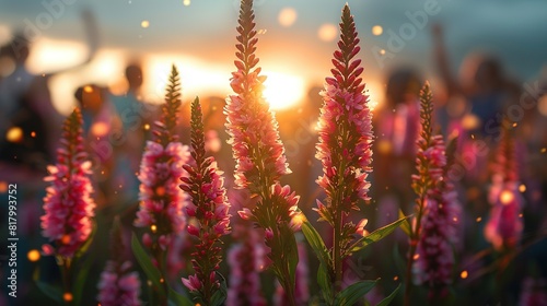   Pink flowers fill a field as the sun sets behind them photo