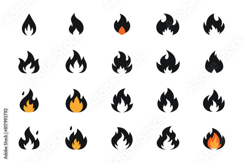 Set of fire flat line icons, flames, flame of various shapes, bonfire vector illustration Silhouette Design with white Background and Vector Illustration