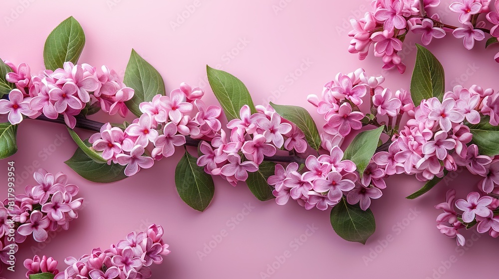 Pink flowers with green leaves on a pink background, featuring a spot for text on the left side of the image Pink flowers with green leaves on a pink background, featuring a spot for text on the left side of the image