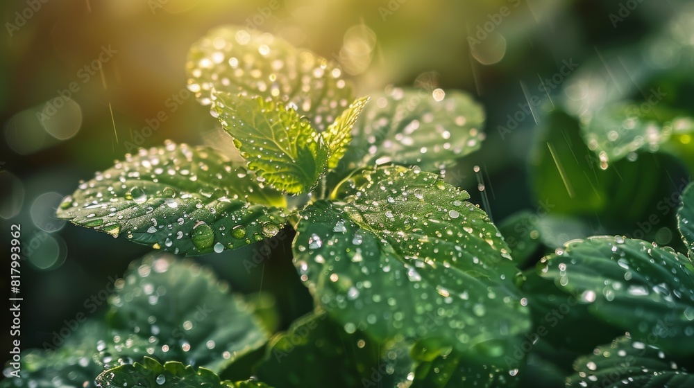 Close-up of fresh green leaves with water droplets illuminated by sunlight creating a refreshing and vibrant natural scene perfect for promoting nature and environmental concepts. Close-up of fresh green leaves with water droplets illuminated by sunlight creating a refreshing and vibrant natural scene perfect for promoting nature and environmental concepts.