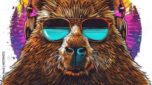  A bear wearing both headphones and sunglasses on its face is seen in the image