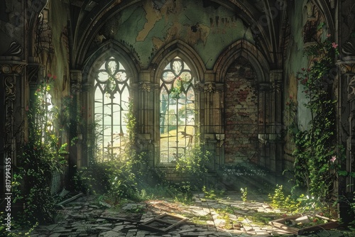 An abandoned gothic room with broken windows, ivy and plants growing through the walls, sunlight streaming in from an arched window, ornate details on the wall paintings, fantasy art style © Khalif