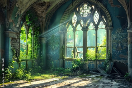An abandoned gothic room with broken windows  ivy and plants growing through the walls  sunlight streaming in from an arched window  ornate details on the wall paintings  fantasy art style