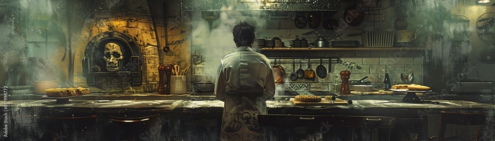 Visualize a chef facing a human-faced oven, baking macabre pastries in